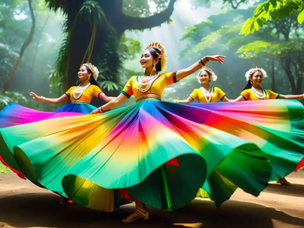 Una vibrante danza tradicional en el bosque, con trajes coloridos y movimientos llenos de gracia y fuerza