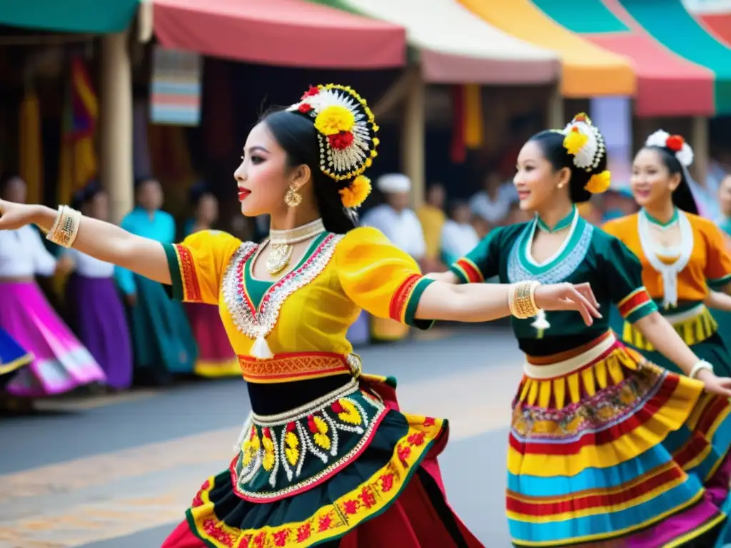 Vibrante danza tradicional en un bullicioso mercado, destacando el éxito del diseño de vestuario y la energía cultural