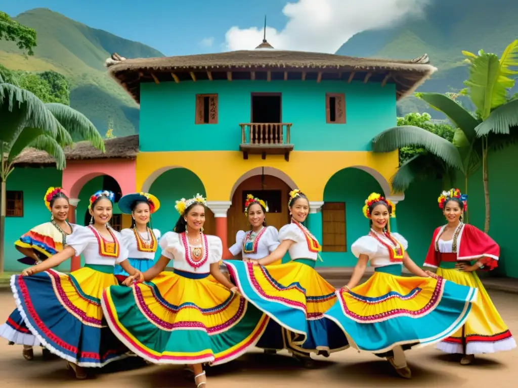 Una vibrante representación de la danza tradicional colombiana con trajes tradicionales representativos de Colombia, rodeados de exuberante vegetación y arquitectura típica