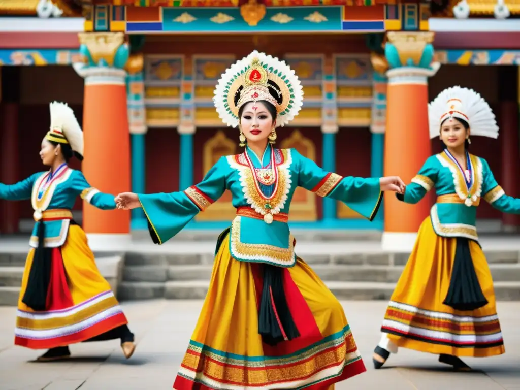 Vibrante danza tradicional con coloridos vestuarios en majestuoso templo, capturando la riqueza de los vestuarios tradicionales de danza