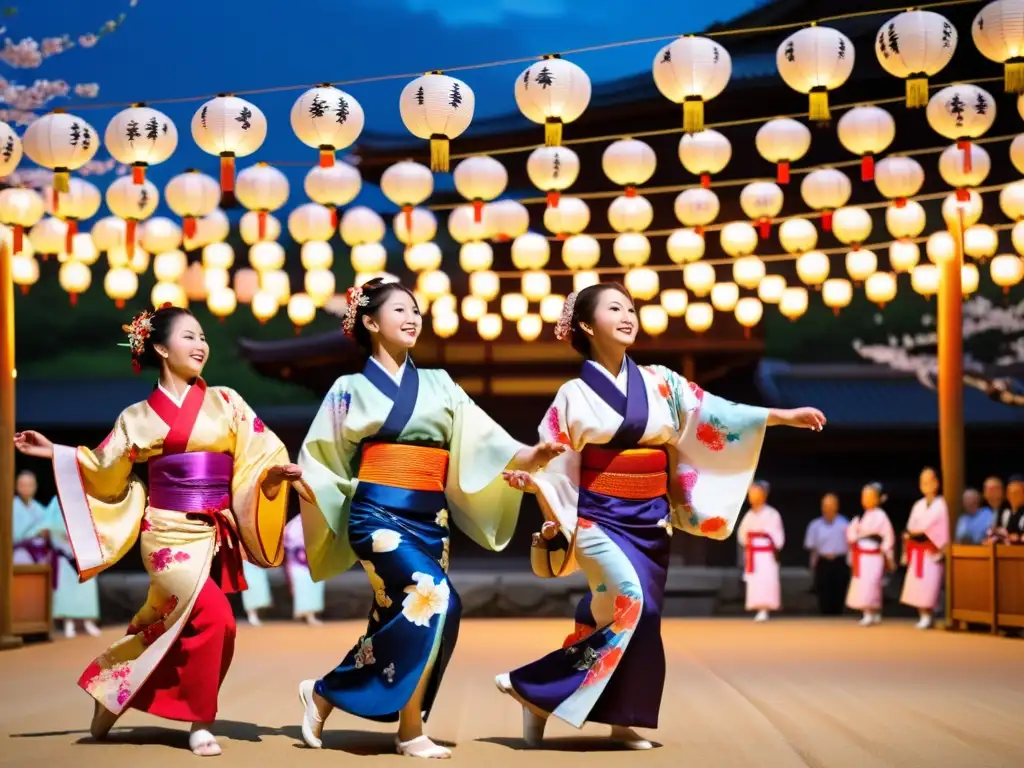 Vibrante danza tradicional del festival japonés Obon, con kimonos coloridos, abanicos y linternas iluminadas