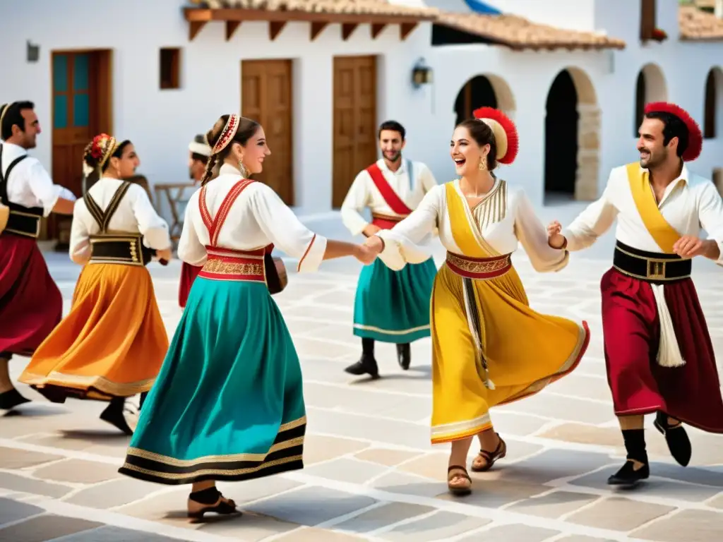 Vibrante danza tradicional griega en la plaza del pueblo con músicos y danzantes vestidos con trajes coloridos