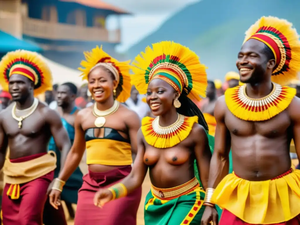 Vibrante danza tradicional Hondo de Camerún, celebración llena de color y alegría entre bailarines y espectadores