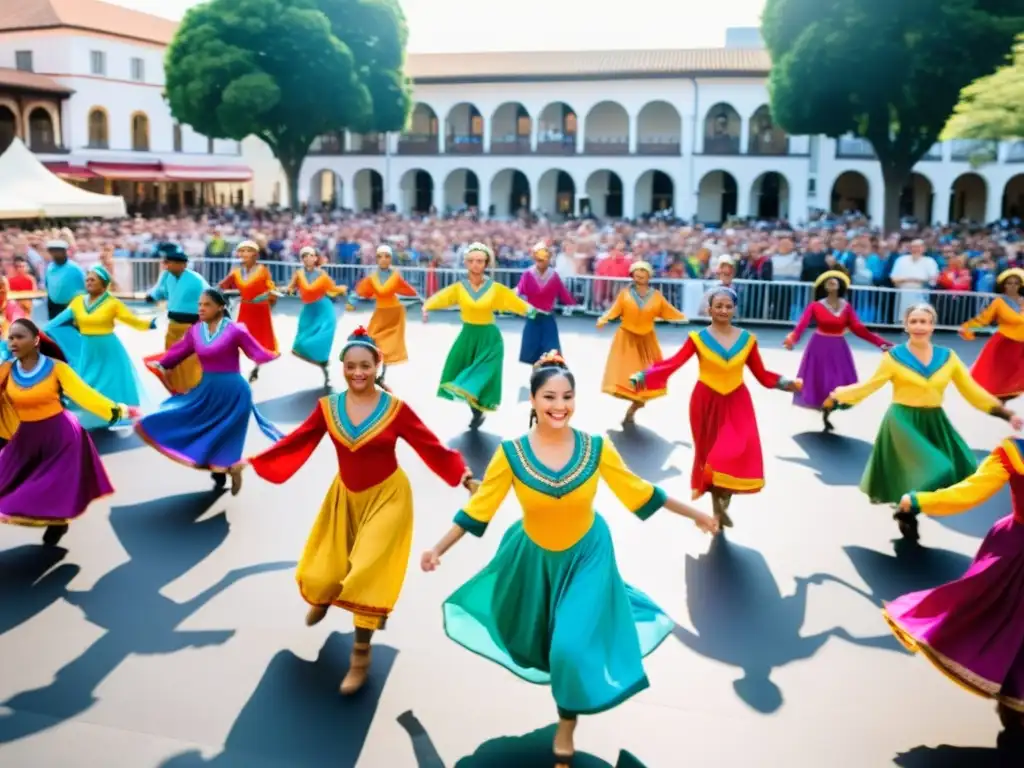 Vibrante danza tradicional con influencia de flash mobs en plaza pública, con multitud participando alegremente