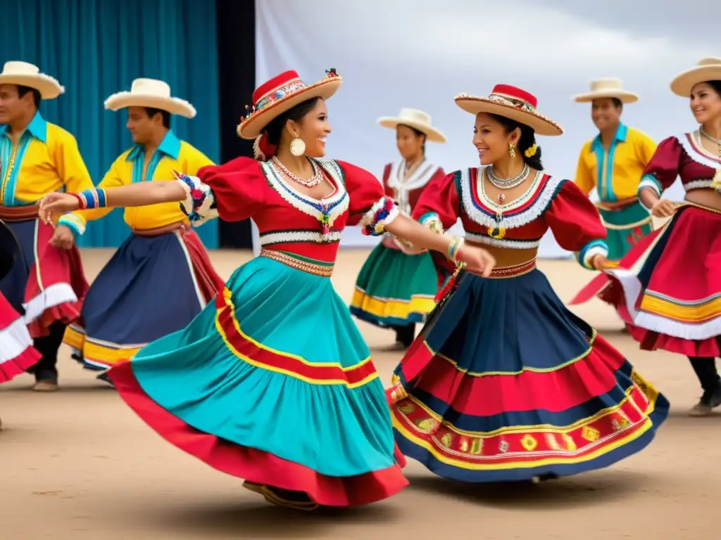 Vibrante danza tradicional de la Marinera peruana, con trajes coloridos y energía festiva