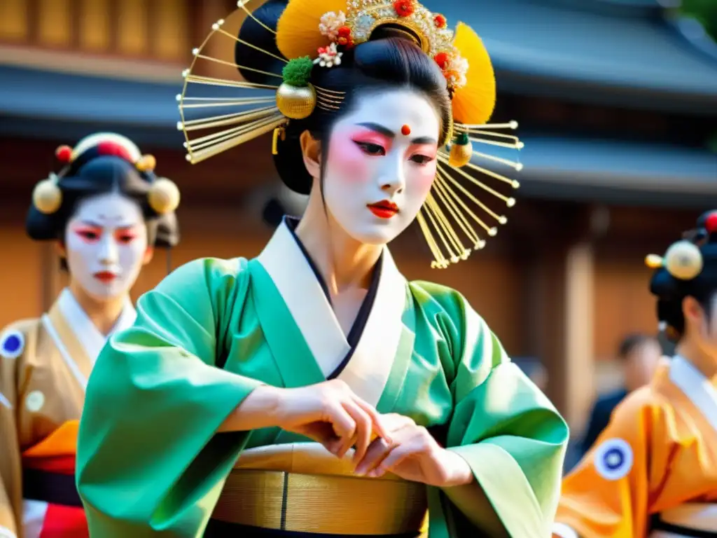 Vibrante danza tradicional de Gion Matsuri en Kyoto, con colores y detalles exquisitos