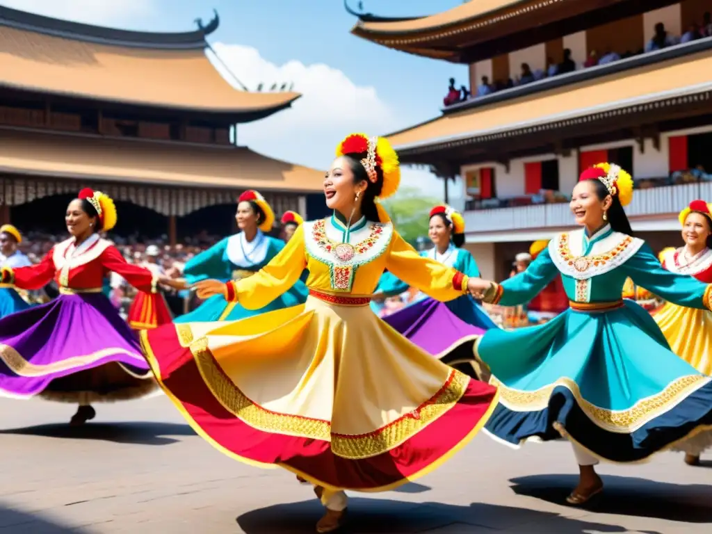 Vibrante danza tradicional en mercado con música en vivo y espectadores de todas partes