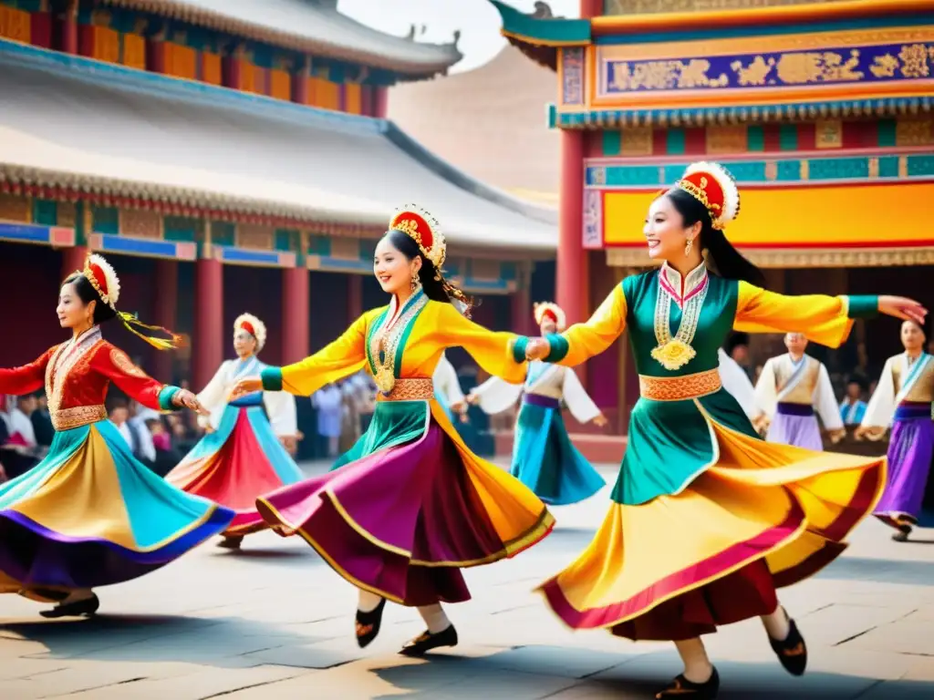 Vibrante danza tradicional en mercado, reflejando intercambios culturales a lo largo de la Ruta de la Seda