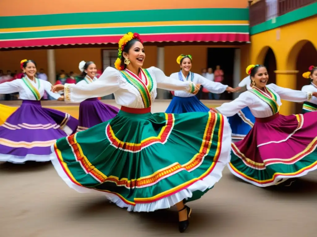 Vibrante danza tradicional mexicana con trajes coloridos y movimientos precisos congelados en el aire