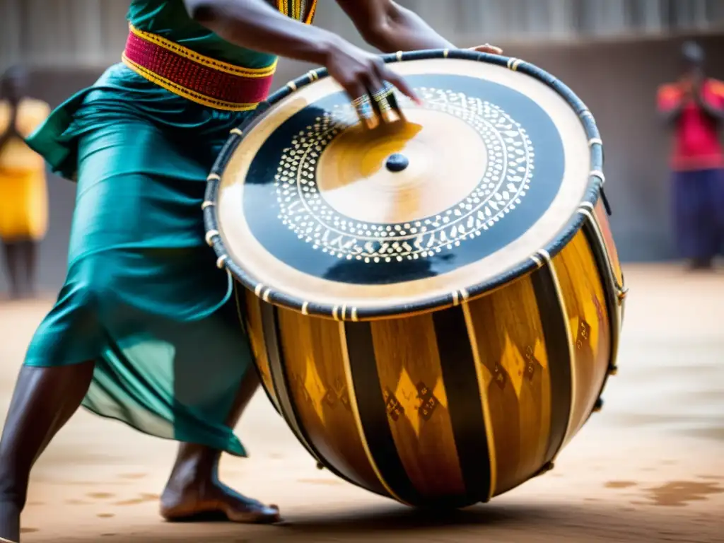 Una vibrante danza tradicional de África Occidental con tambor de agua, capturando la pasión y el movimiento del bailarín