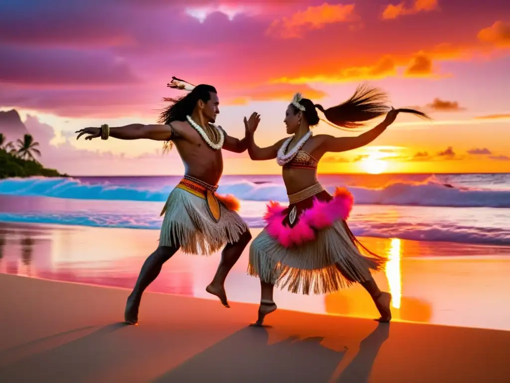 Vibrante danza tradicional en la playa al atardecer en retiros de danza tradicional en Oceanía