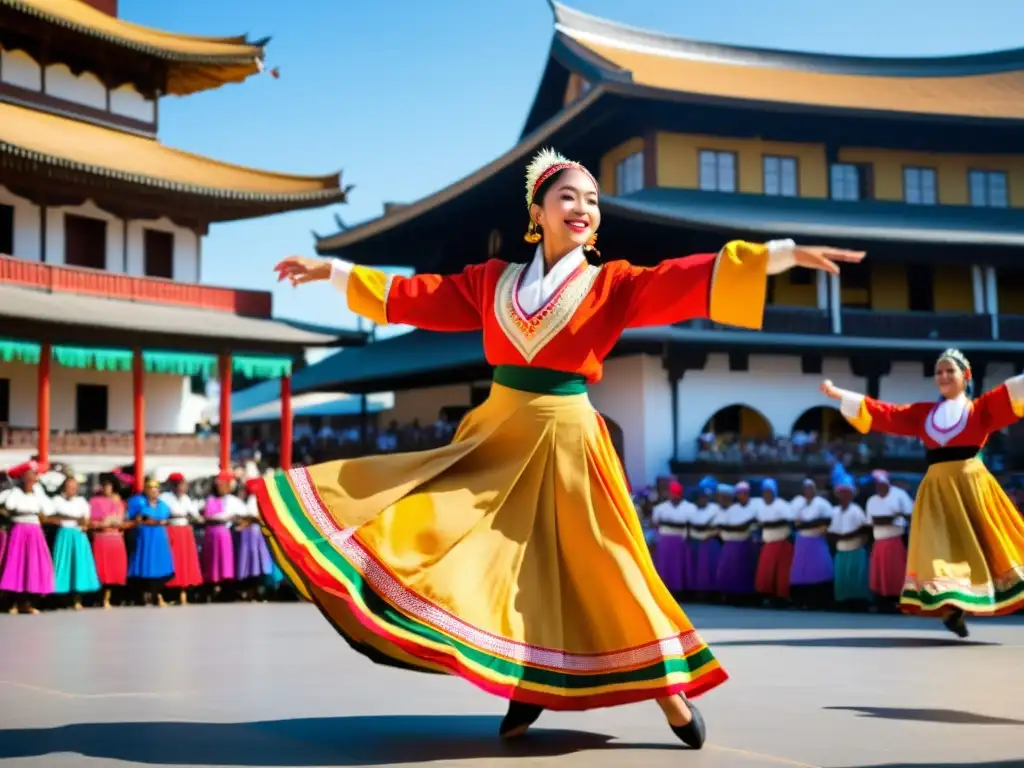 Vibrante danza tradicional en plaza llena de emoción y color, con becas para danza tradicional