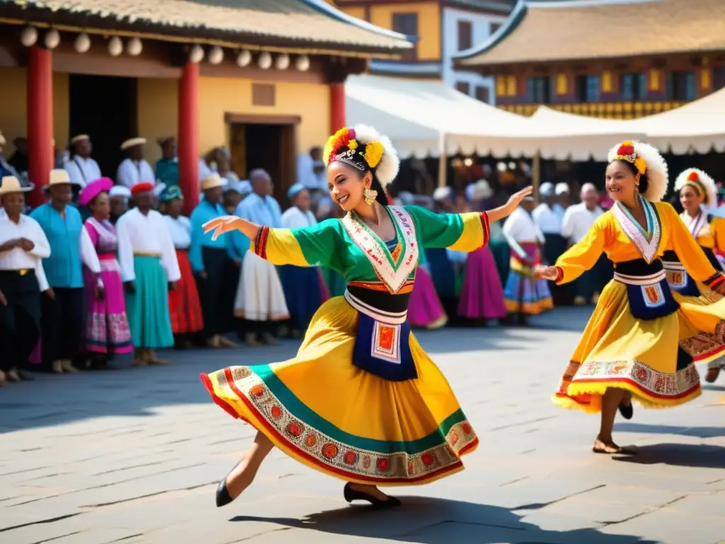 Una vibrante danza tradicional en la plaza del mercado, con tapices inspirados en danzas tradicionales y trajes coloridos