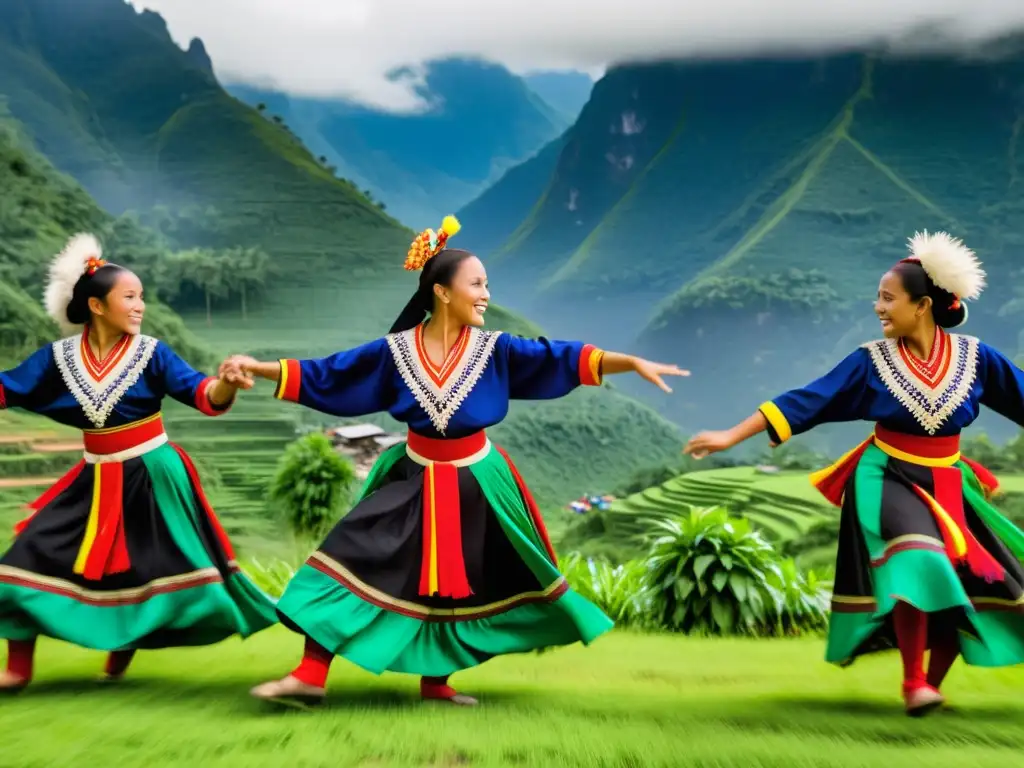 Vibrante danza tradicional en remoto pueblo, con trajes coloridos y fondo de montañas