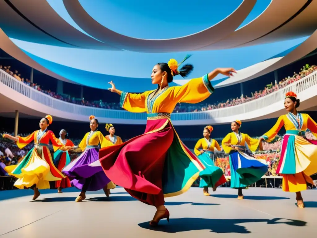 Vibrante danza tradicional con tecnología integrada en escenario al aire libre