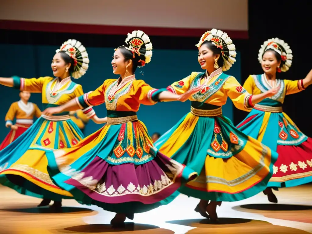 Vibrante presentación de danza tradicional con trajes detallados ricos en significado cultural y artesanía