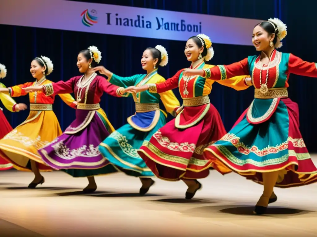 Vibrante presentación de danza tradicional con trajes coloridos en perfecta armonía con la música