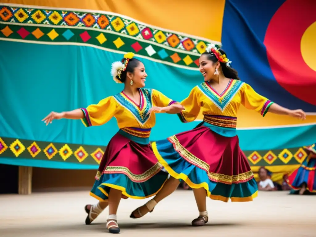 Vibrante danza tradicional en Latinoamérica con trajes coloridos y expresiones apasionadas en los rostros de los bailarines