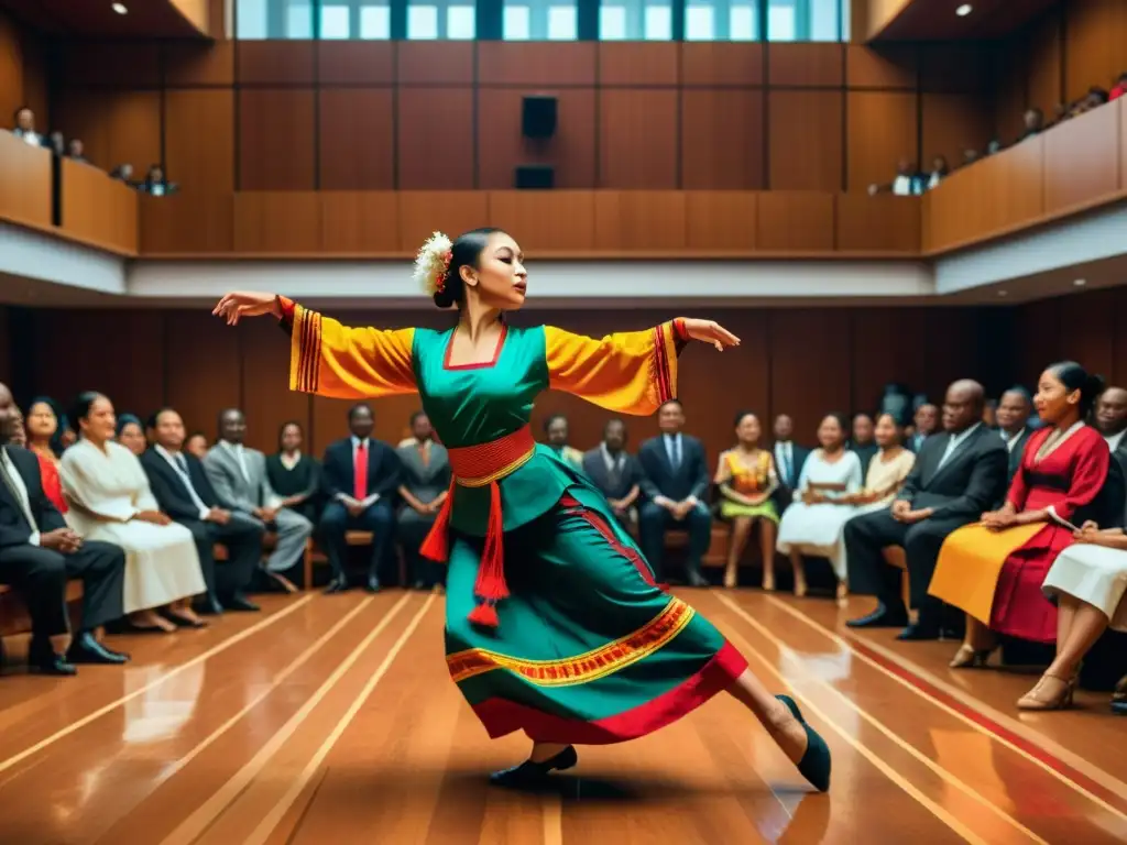 Vibrante ilustración de danza tradicional en un tribunal, con movimientos precisos y colores dinámicos