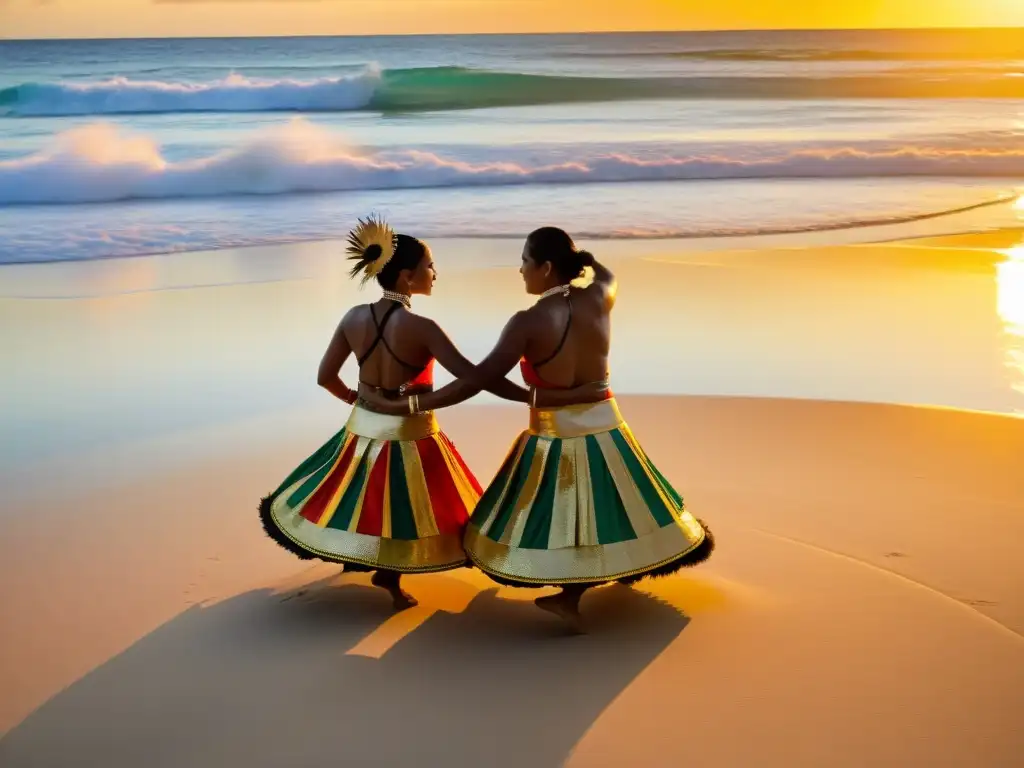 Vibrante danza tradicional de Tuvalu en la playa al atardecer, música en las danzas de Tuvalu