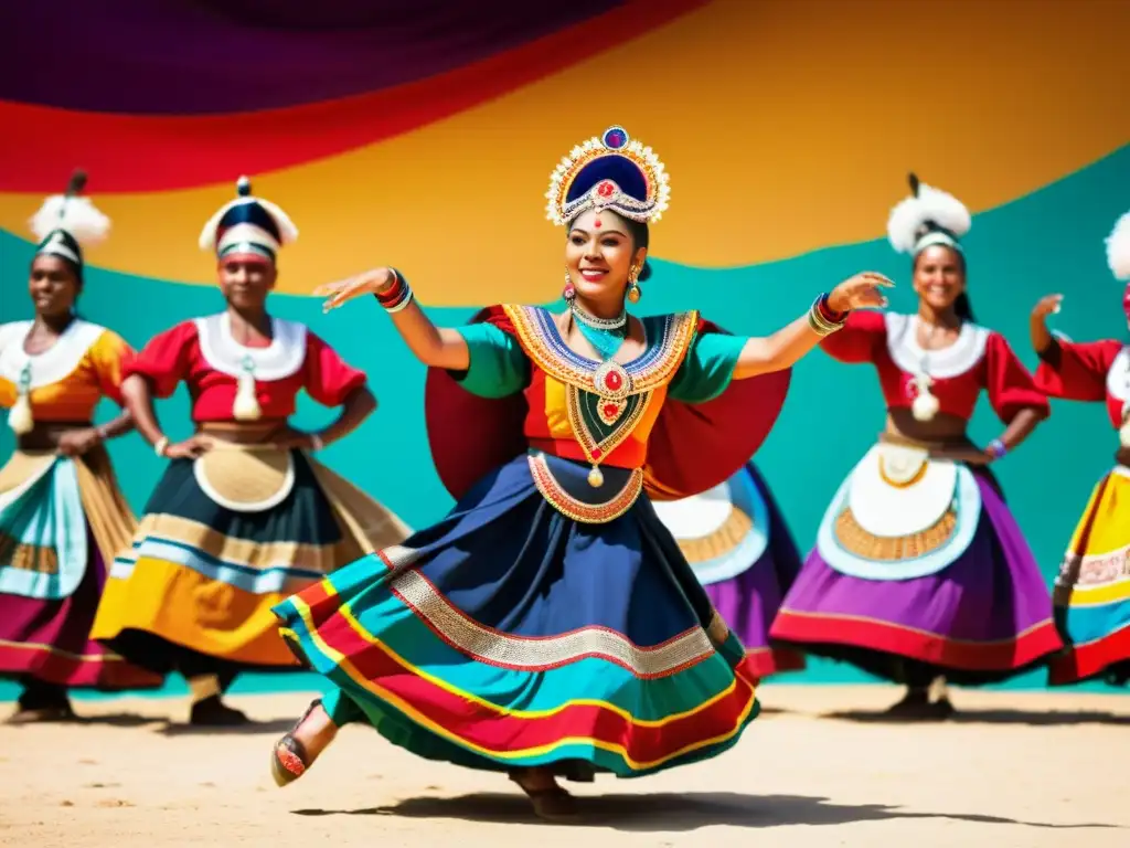 Vibrante danza tradicional UNESCO, con trajes ornados y movimientos detallados, rodeada de una rica cultura y una audiencia diversa