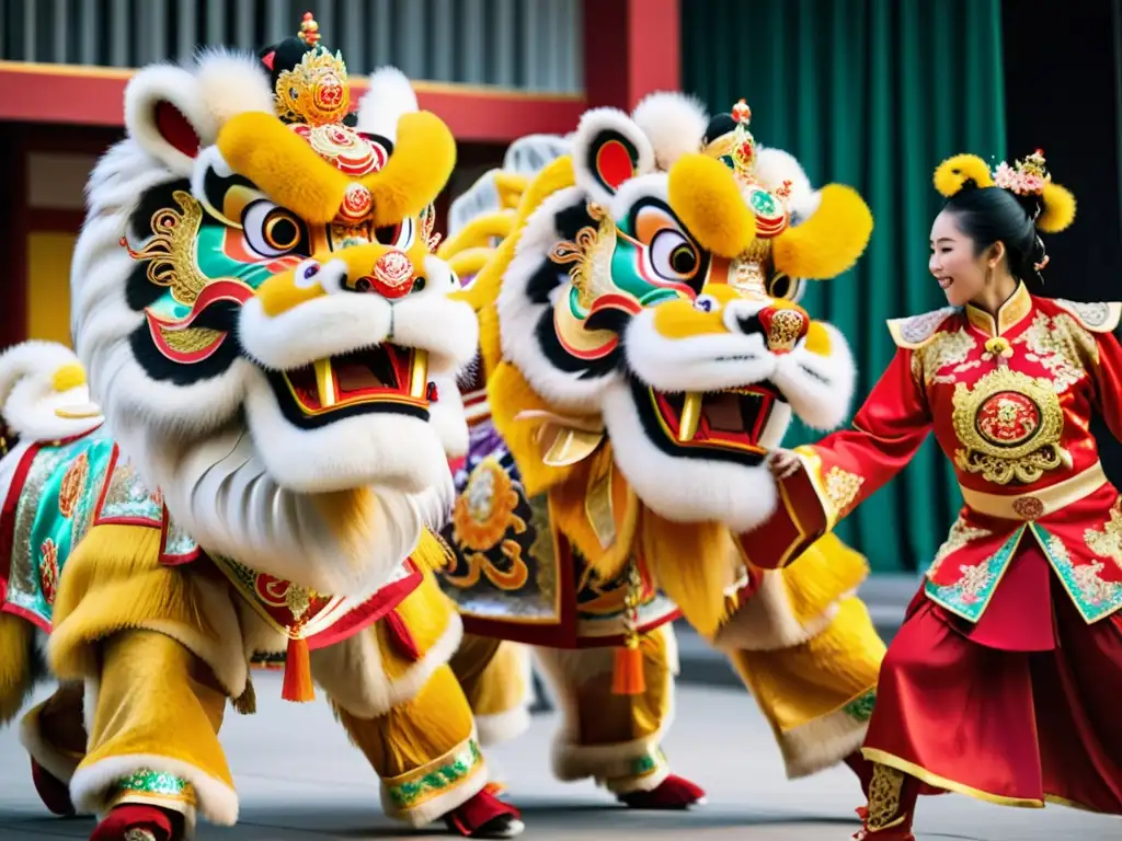 Vibrante danza del león con trajes adornados en rojo y dorado, simbolizando prosperidad y fuerza