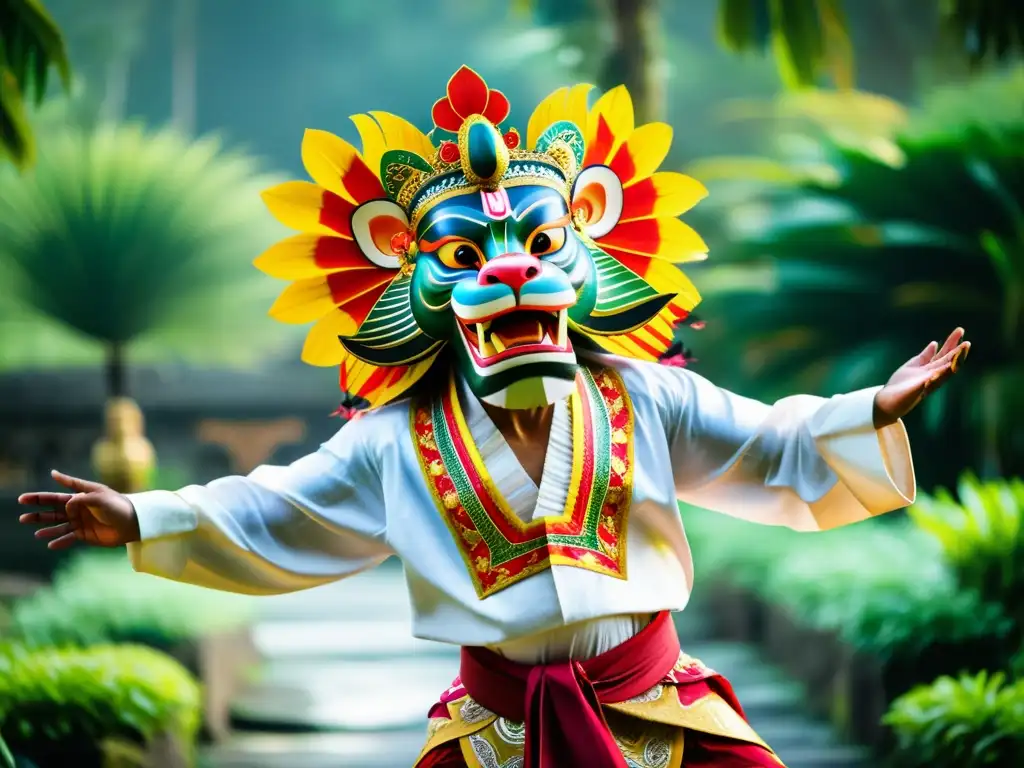 Vibrante Danza del Barong mitología Bali, con trajes coloridos, energía y emoción en escenario al aire libre