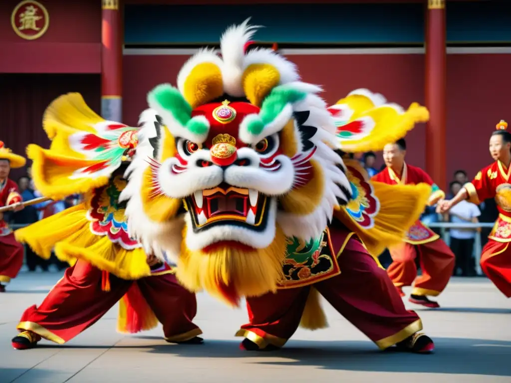 Vibrante danza del león y el dragón: trajes coloridos, movimientos dinámicos y expresiones intensas en una actuación tradicional china