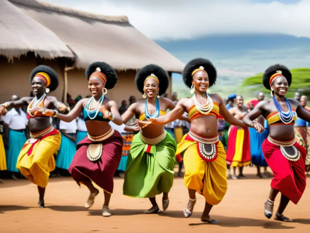 Vibrante danza Highlife y trajes tradicionales africanos en bulliciosa aldea, reflejando rica cultura y significado social