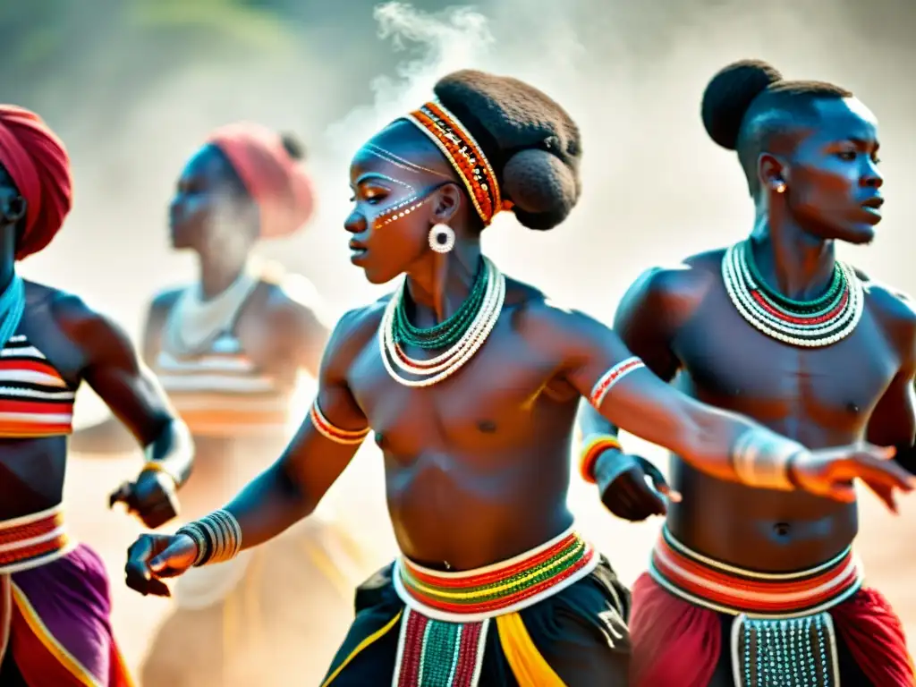 Vibrante danza tribal africana, con trajes coloridos y movimientos dinámicos, en un paisaje terroso