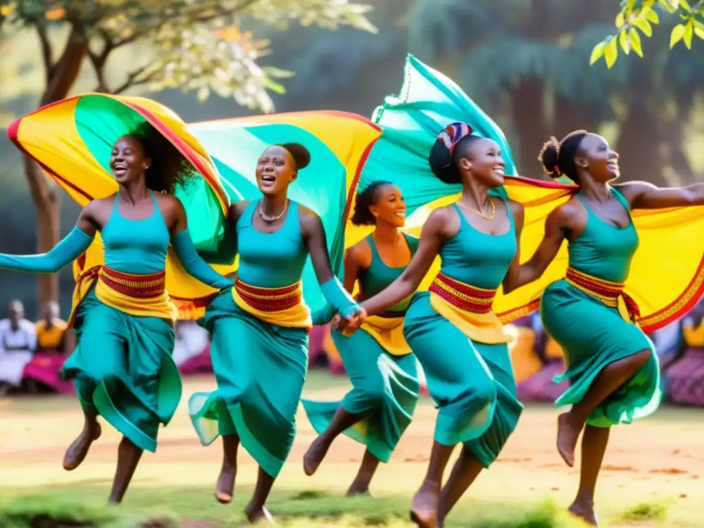 Vibrante danza Umushagiriro en Ruanda, expresando significado cultural a través de saltos elegantes y coloridos atuendos tradicionales