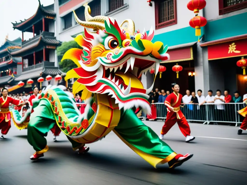 La vibrante Danza del Dragón cobra vida en las bulliciosas calles chinas, cautivando a los espectadores con su significado cultural