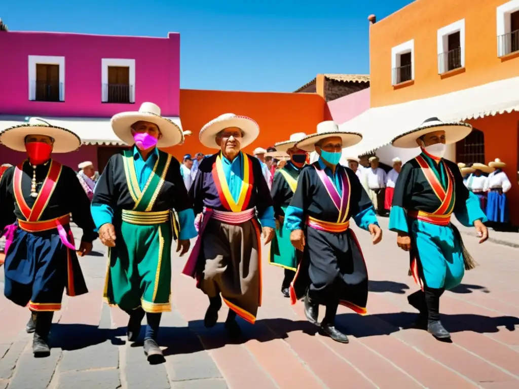 Un vibrante 'Danza de los Viejitos' michoacana llena de color y tradición en la plaza, capturando la esencia alegre y auténtica de la danza