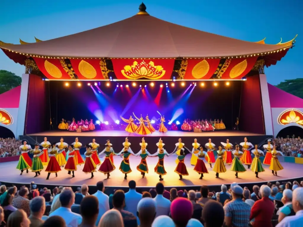 Vibrante exhibición de danzas étnicas en un escenario al aire libre, con público diverso maravillado