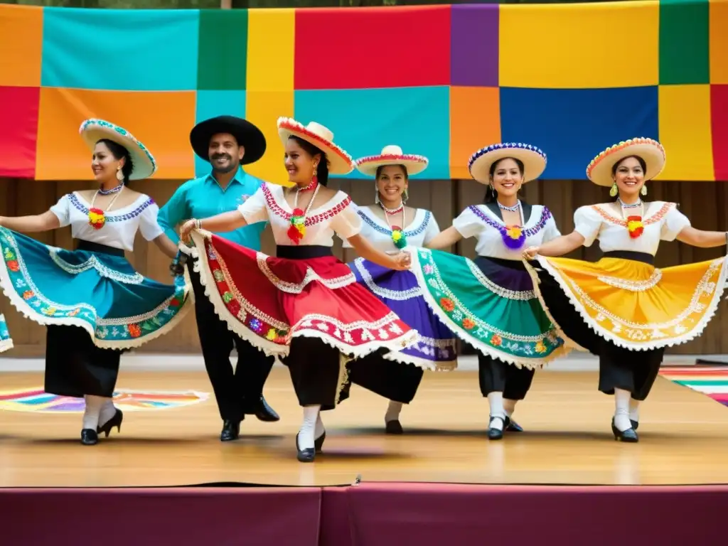 Vibrante masterclass de danzas folklóricas mexicanas con zapateado tradicional, trajes coloridos y pasión palpable en el escenario iluminado