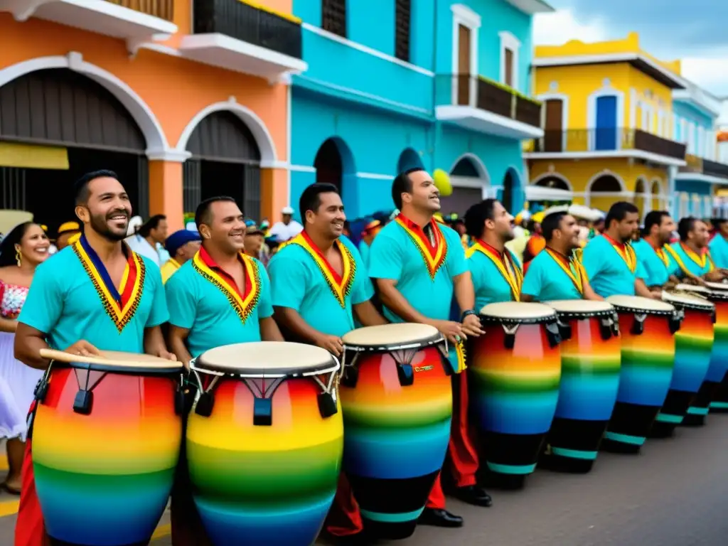 Un vibrante desfile callejero en Maracaibo, Venezuela, muestra músicos tocando gaitas y tambores en trajes coloridos con instrumentos adornados