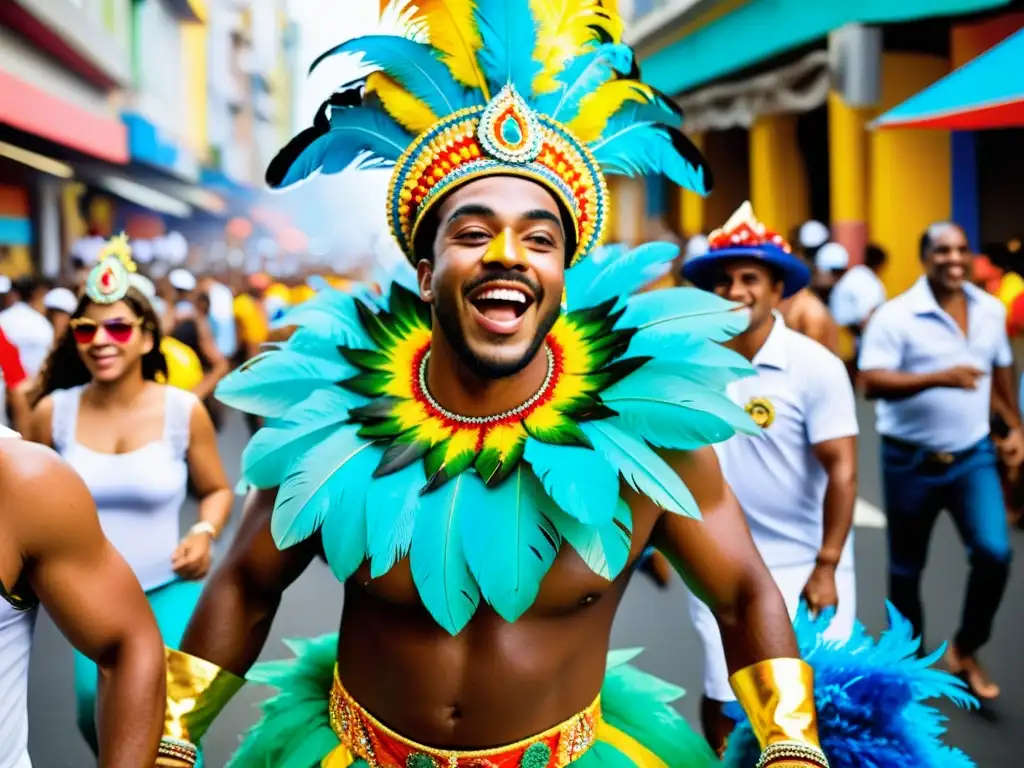 Vibrante desfile de Carnaval de Río de Janeiro, con participantes en trajes coloridos y carros alegóricos