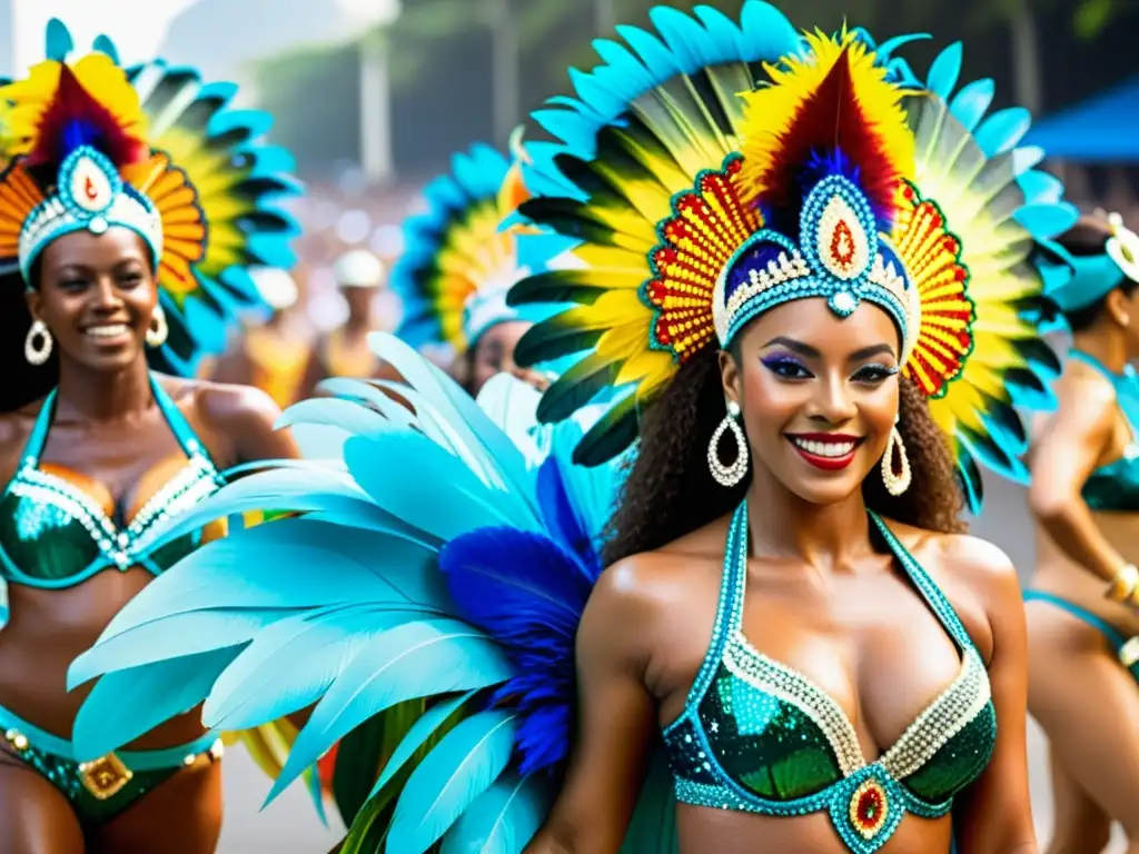 Vibrante desfile de samba en Río de Janeiro, con trajes detallados y energía contagiosa