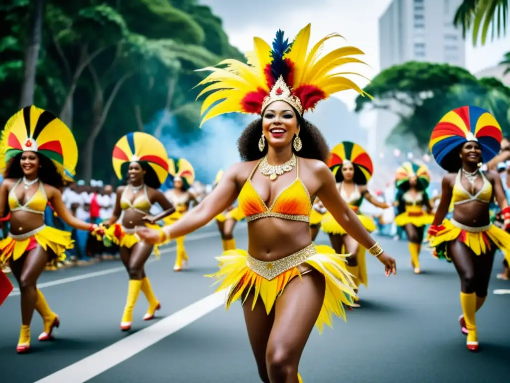 Vibrante desfile de samba en Río de Janeiro, con trajes, bailes y música, representando la historia y significado cultural de la Samba