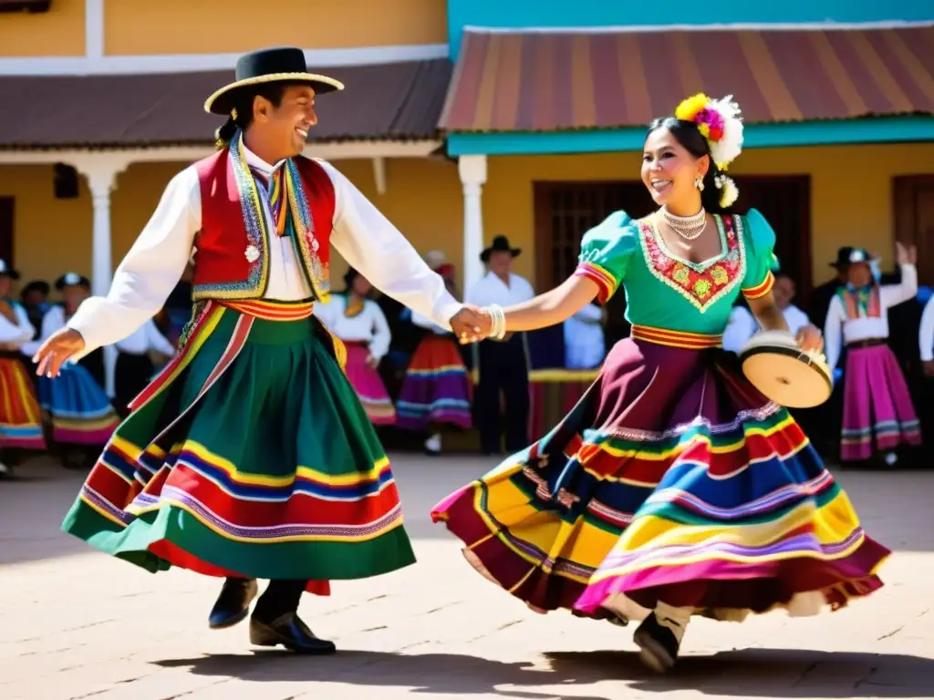 Una representación vibrante y dinámica de la danza tradicional boliviana cueca, con trajes coloridos y elaborados