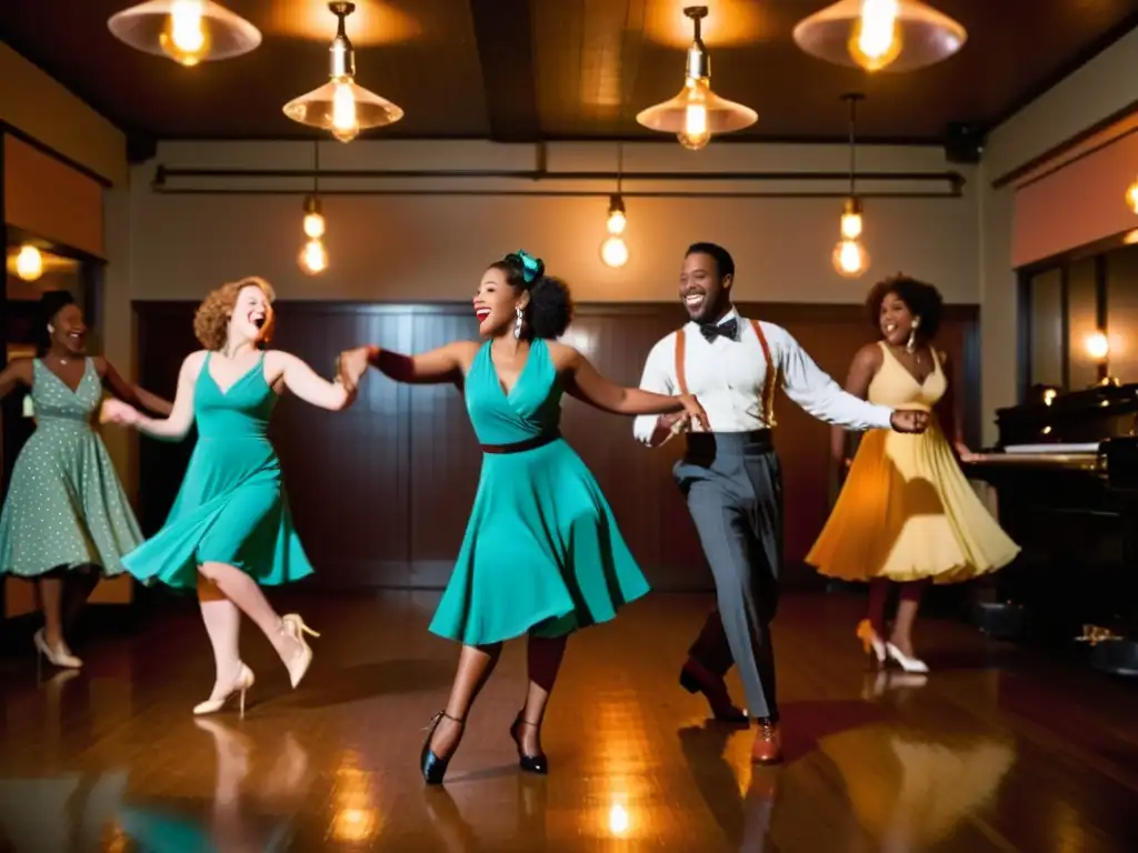 Un vibrante encuentro de bailarines de Lindy Hop en un estudio iluminado, reflejando la pasión y diversidad de la comunidad