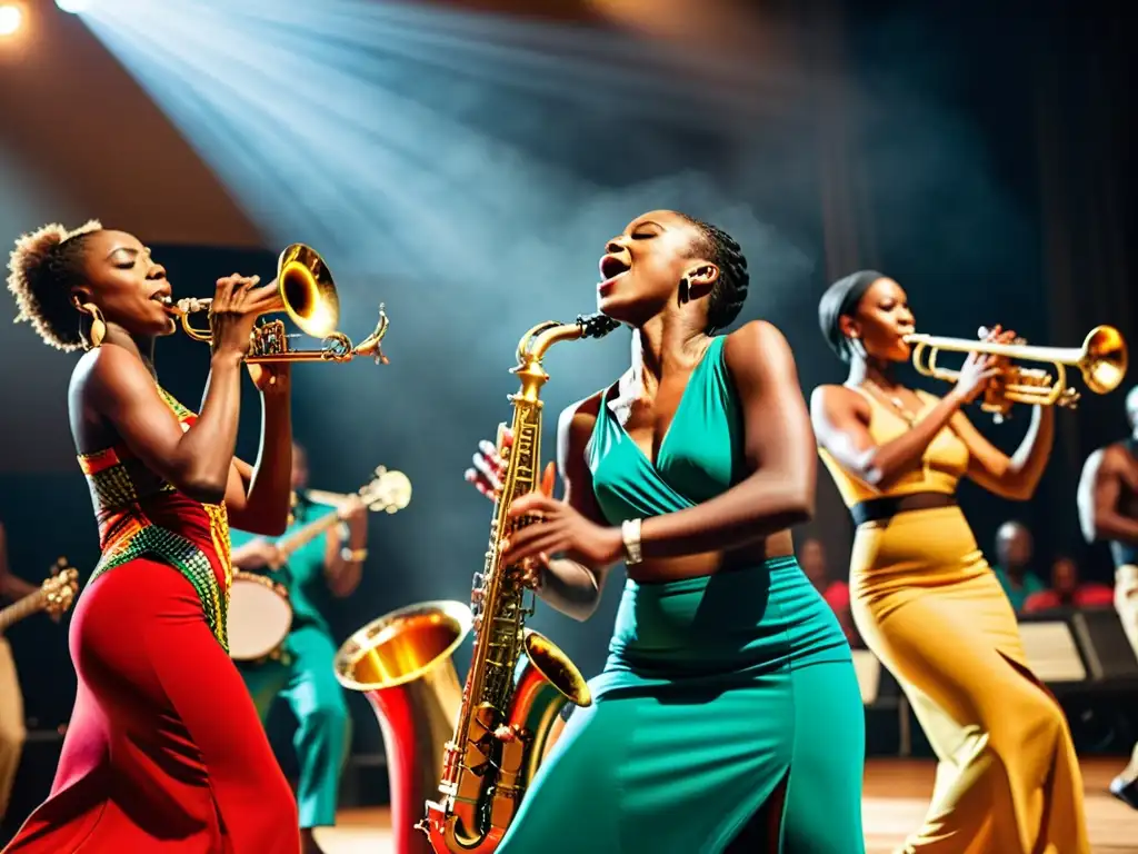 Un vibrante encuentro de músicos y bailarines en una fusión de jazz y danza africana, expresando un significado cultural único