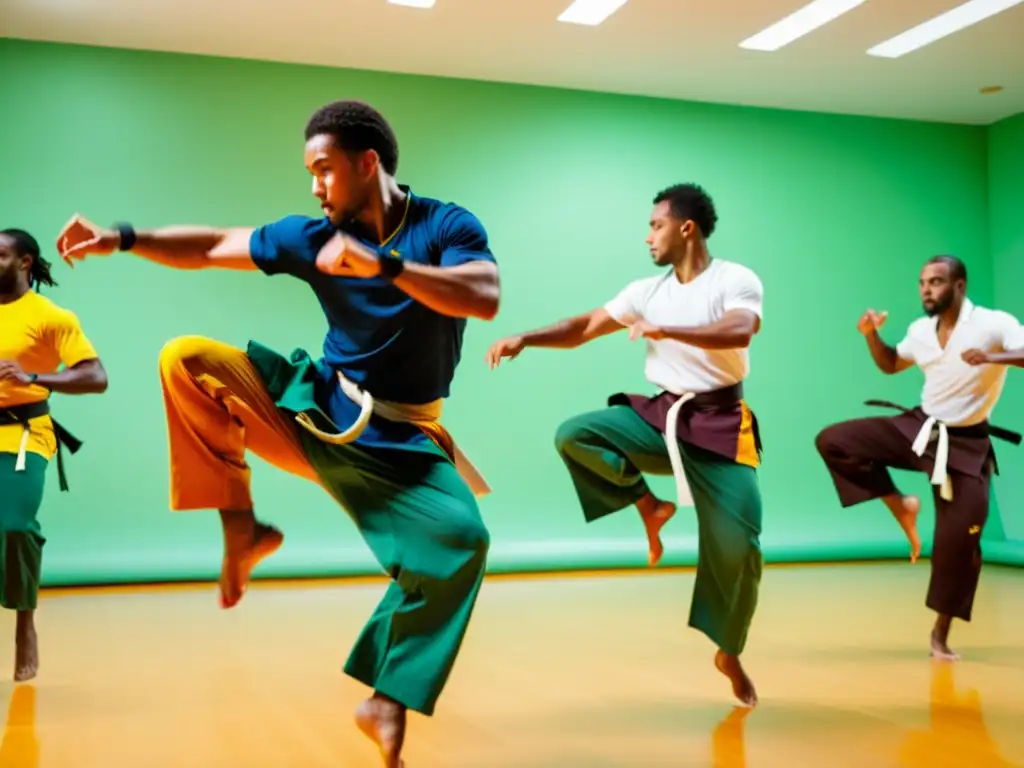 Vibrante entrenamiento de capoeira para principiantes en estudio iluminado, con movimientos fluidos y expresiones determinadas