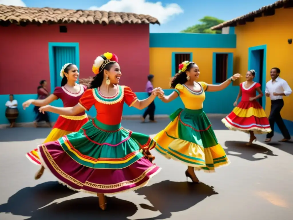 Vibrante escena de baile latino en un documental, con trajes coloridos y música en vivo