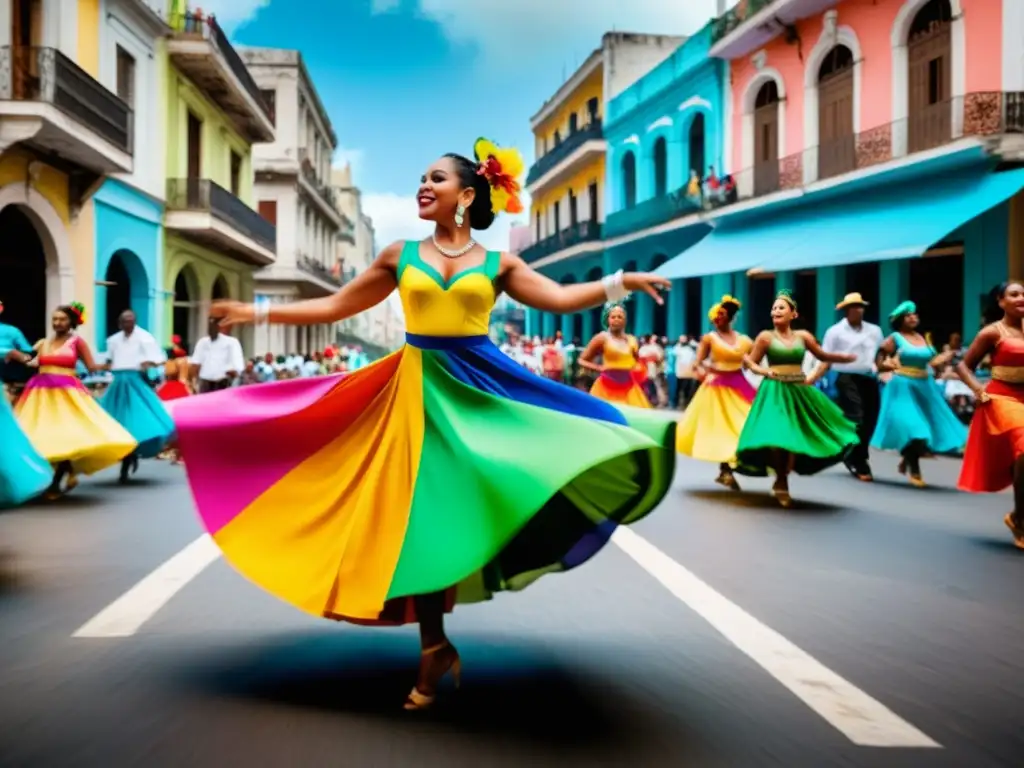 Vibrante escena de baile tradicional cubano en festival callejero, capturando el legado del Son Montuno en Cuba