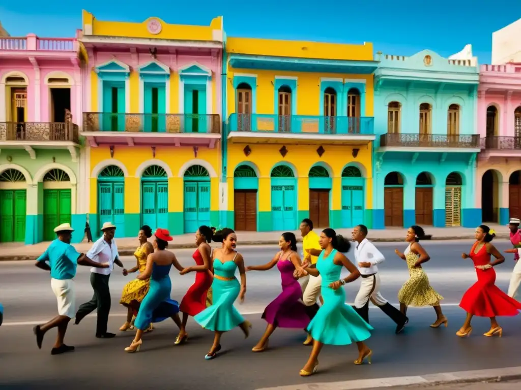 Vibrante escena de calle cubana con secuencias vibrantes del Mambo Cubano, danzantes y edificios coloridos