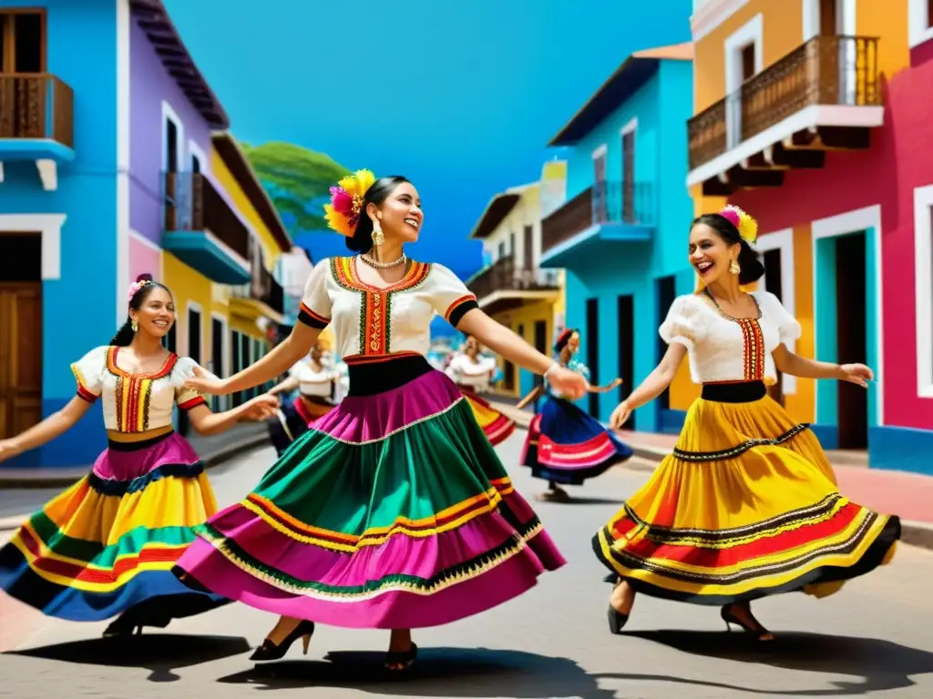 Vibrante escena callejera en América Latina con influencia de la danza en moda, colores vivos y danzarines en movimiento