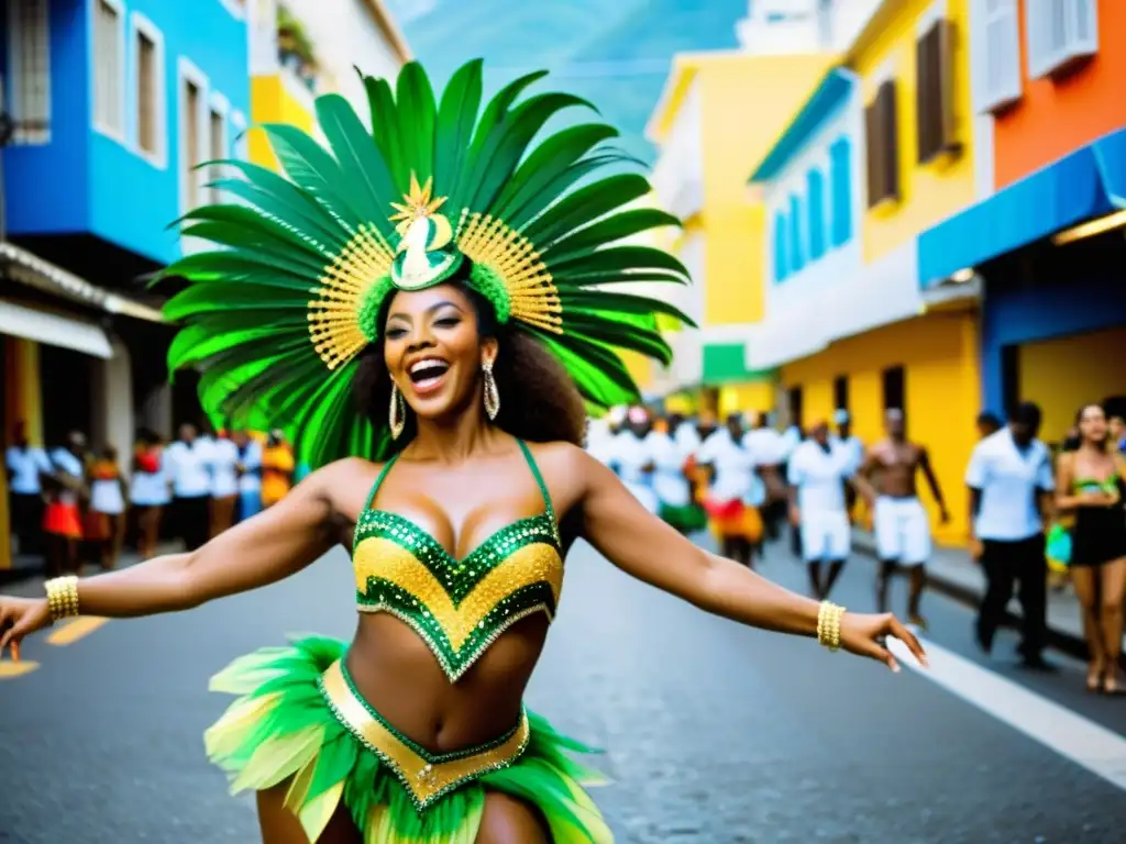 Vibrante escena callejera de Río de Janeiro, llena de coloridos edificios y el ritmo del samba