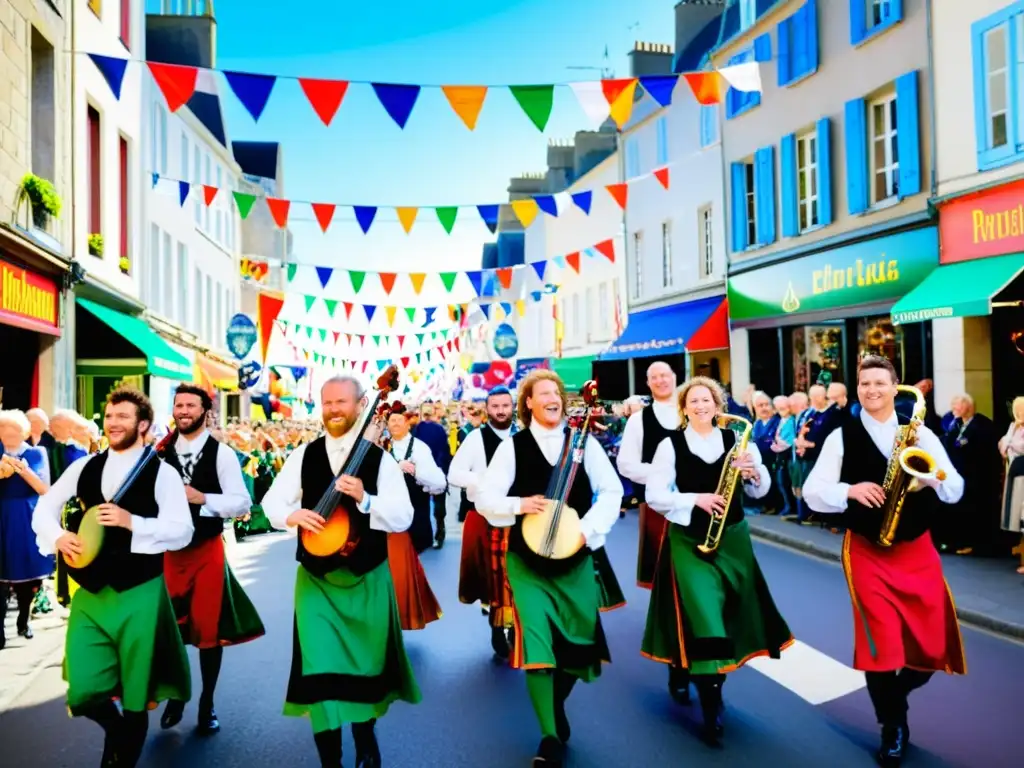 Vibrante escena del Festival Intercéltico de Lorient, con músicos y danzantes disfrutando de la cultura celta en las coloridas calles de Francia