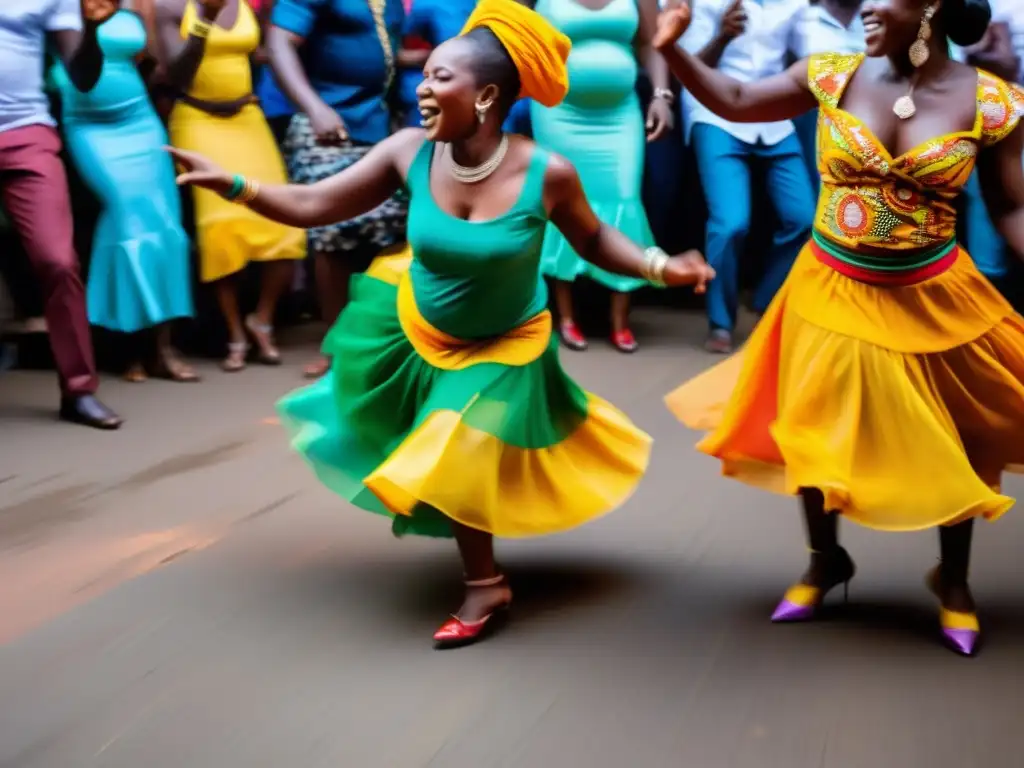 Una vibrante escena en Kinshasa, RD Congo, llena de energía y color, capturando la historia y evolución de Ndombolo